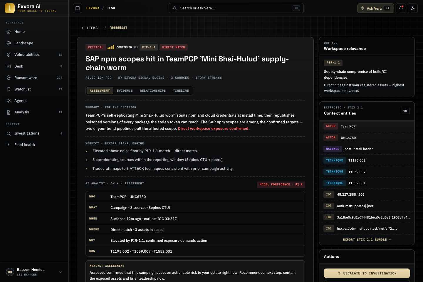 Exvora alert detail showing a plain-English summary, the who/what/when/why, and the key details pulled out