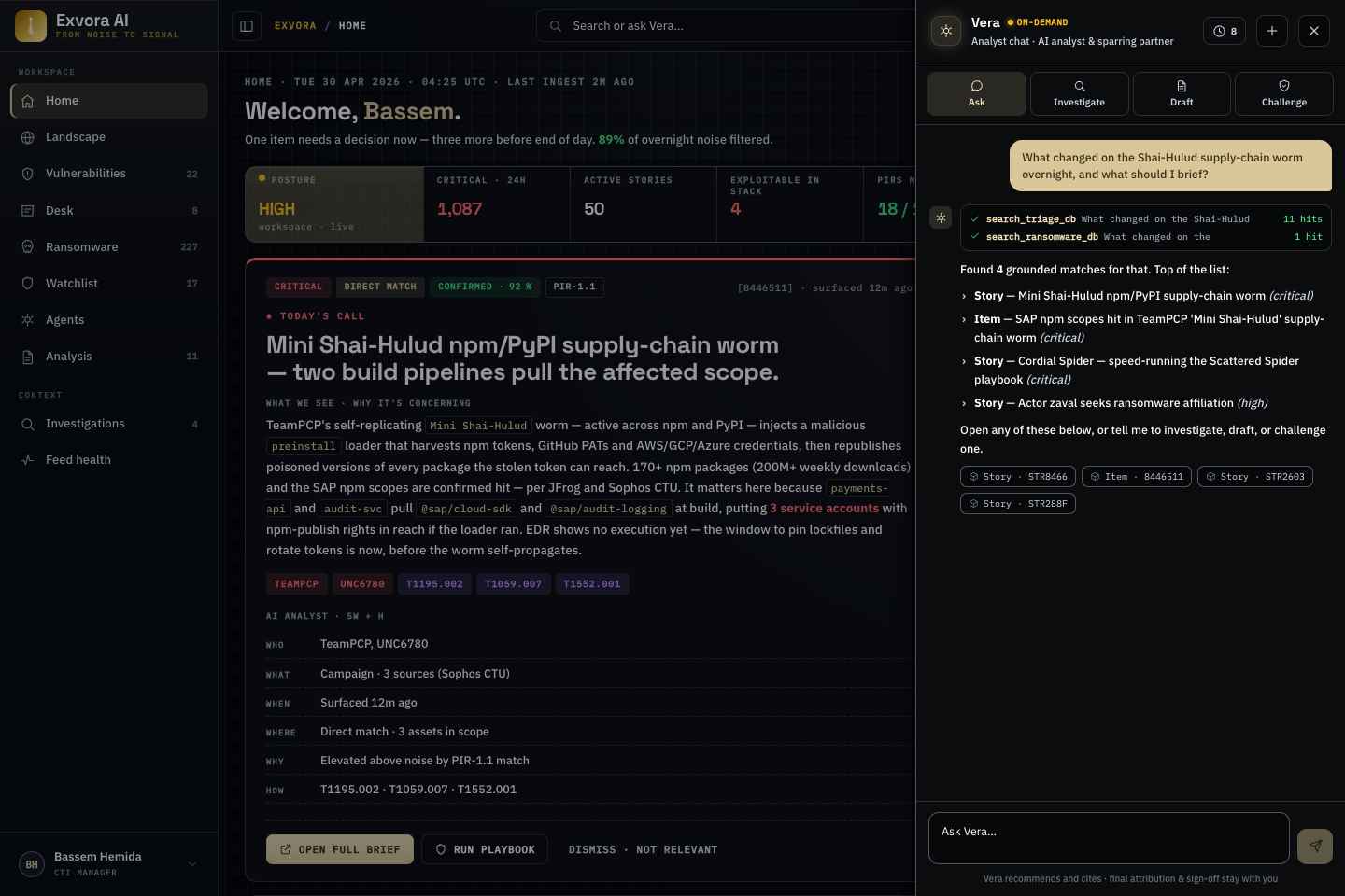 Vera analyst chat answering a question — showing the database lookups it ran, a grounded ranked answer and source citations